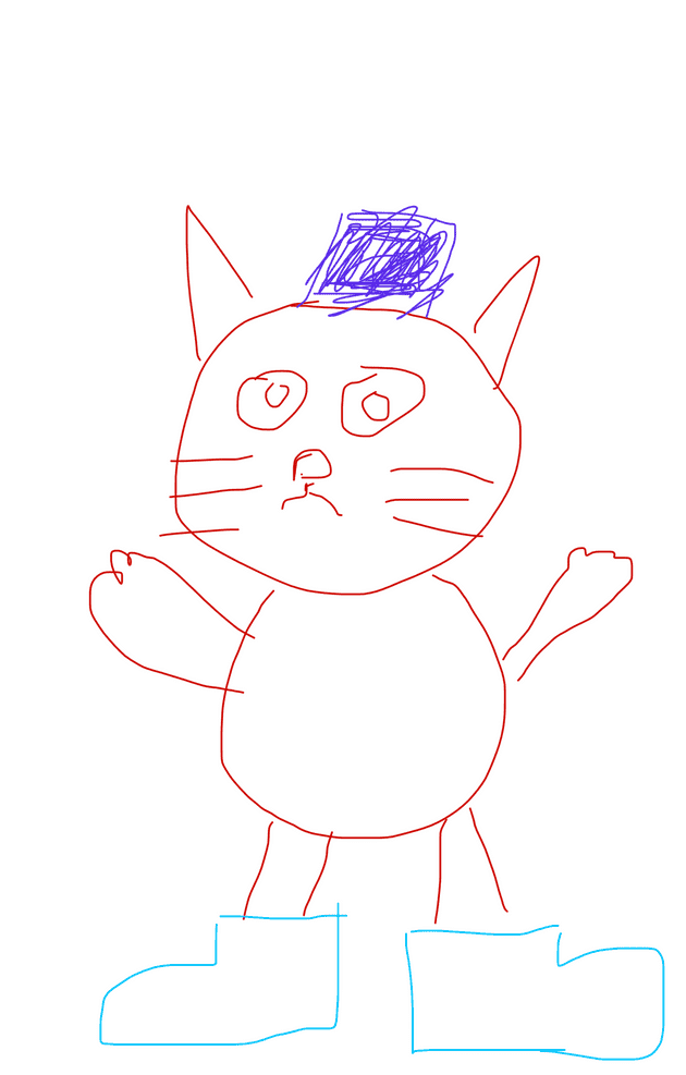 Drawing of a cat with blue boots and a purple hat