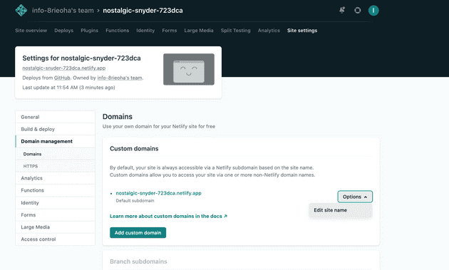 A picture of the edit domain name setting on Netlify