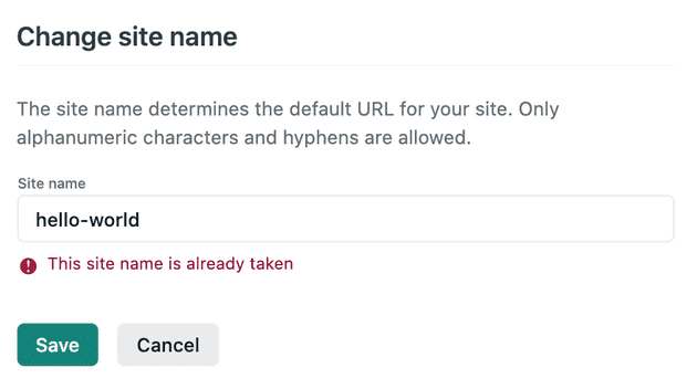 A picture of the error message when a domain name is taken on Netlify